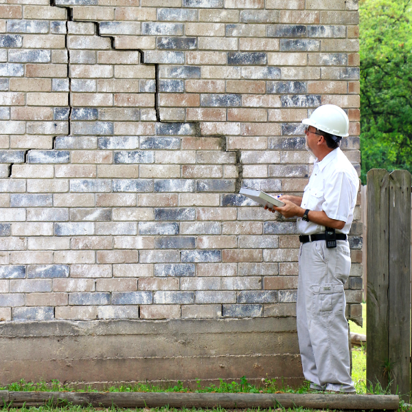 Wall cracks in a brick wall are something homeowners should be aware of. An inspector is looking at a stair step crack in the side of a home's exterior wall